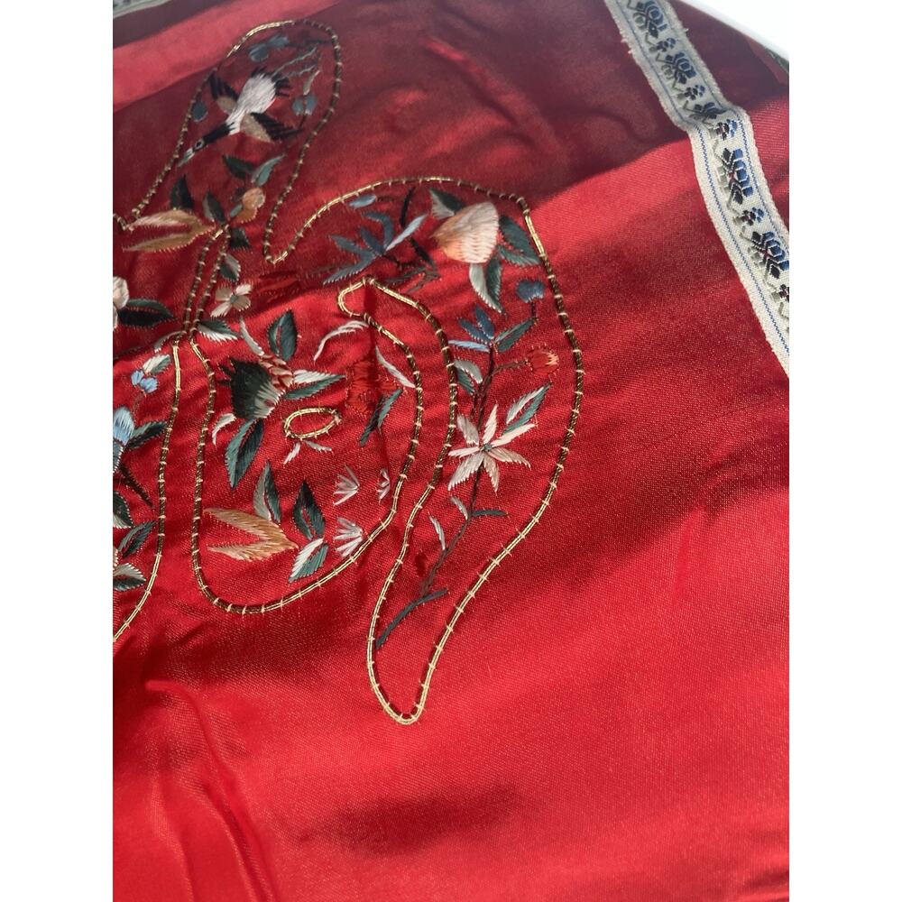 Vintage Chinese Silk Satin Embroidered Pillow Cover Red Brocade Floral 15” - Picture 6 of 7